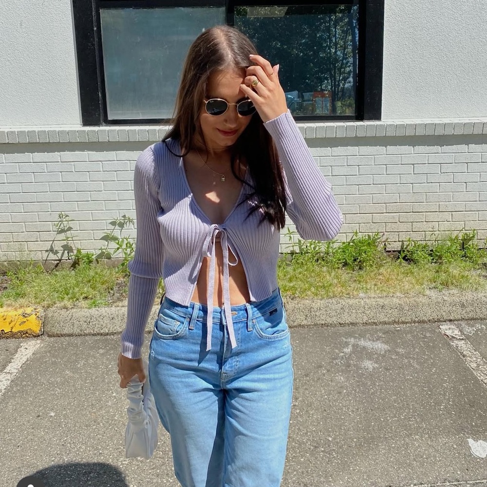 Lavender Ribbed Cardigan with Faux Fur Collar
